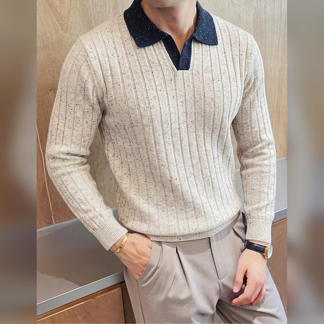 配色 スキッパーカラー 長袖ニット 3color KA1470