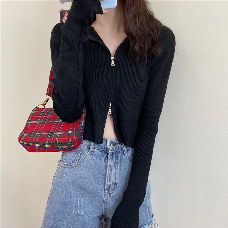 ジッパーフードニットカーディガンスプリングオータムスリムショートジャケット トップス 春物 秋物 萌量不足80261421254