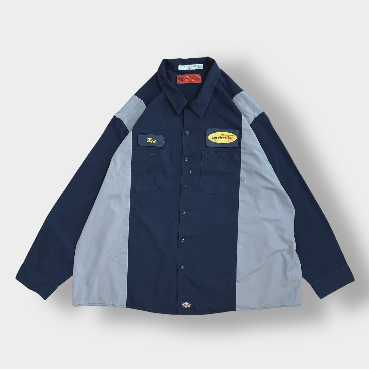 【Dickies】ワークシャツ 企業系 企業ロゴ ワンポイント ワッペン 4X ビッグシルエット 切替 ディッキーズ us古着