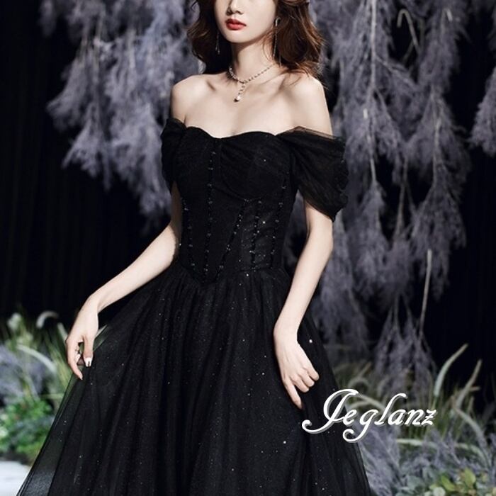 パーティ イブニング ブラックドレス 背中 編み上げ ラメ 光沢感 3way ♪(M8835)ζ