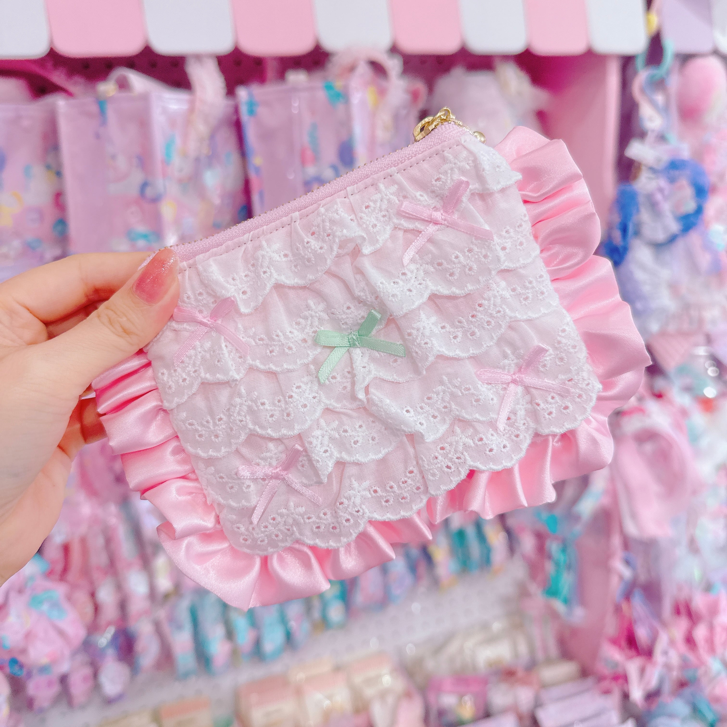 【E3】103-14サテンフリルコットンレースミニポーチ