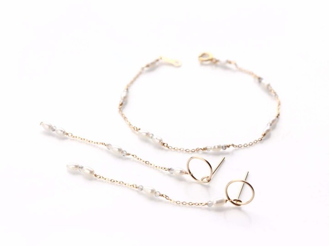 14kgf-mystic topaz & pearl pierced earrings &bracelet (set item)/can be chang to A.N original clip-on