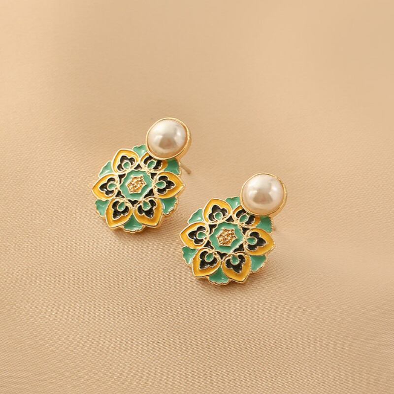 Pearl & Mint Floral Enamel Earrings S0233