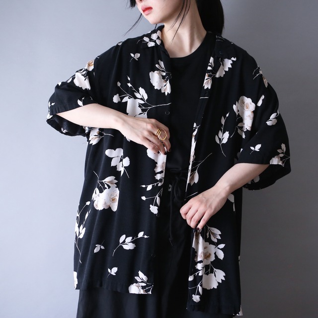 black base flower art pattern over silhouette open-collar l/s shirt