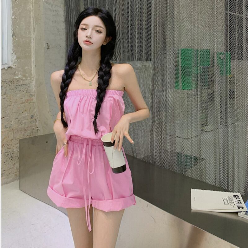 トップス ジャンプスーツ オールインワン サマー薄手ショートハイウェストウェストワイドレッグ ピンク 夏物 ワイドパンツ ブラックストロベリース58565086382