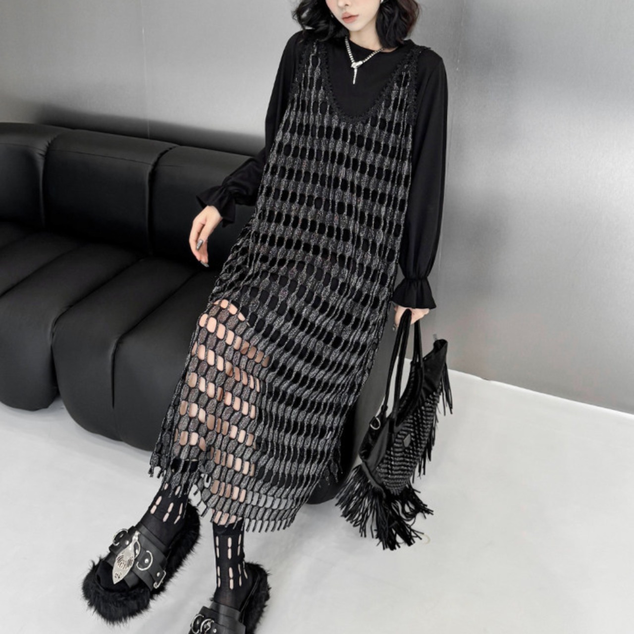 Silver mesh vest and long-sleeved T-shirt two-piece set (ME384)