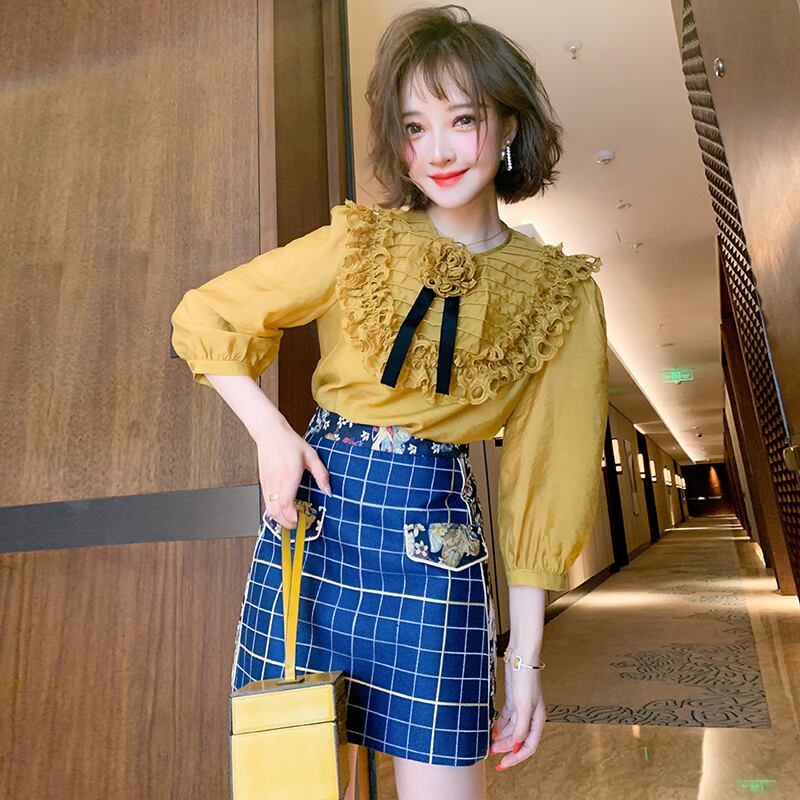 プリーツラウンドネックシャツ スプリング 春物 Oネック フラワーデザイン MIUCO976168853