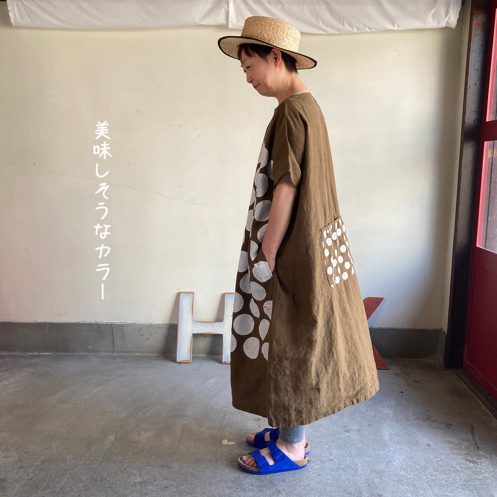 後ろポケ半袖ワンピース Girl'sベルギーリネン大きな水玉 61OP19