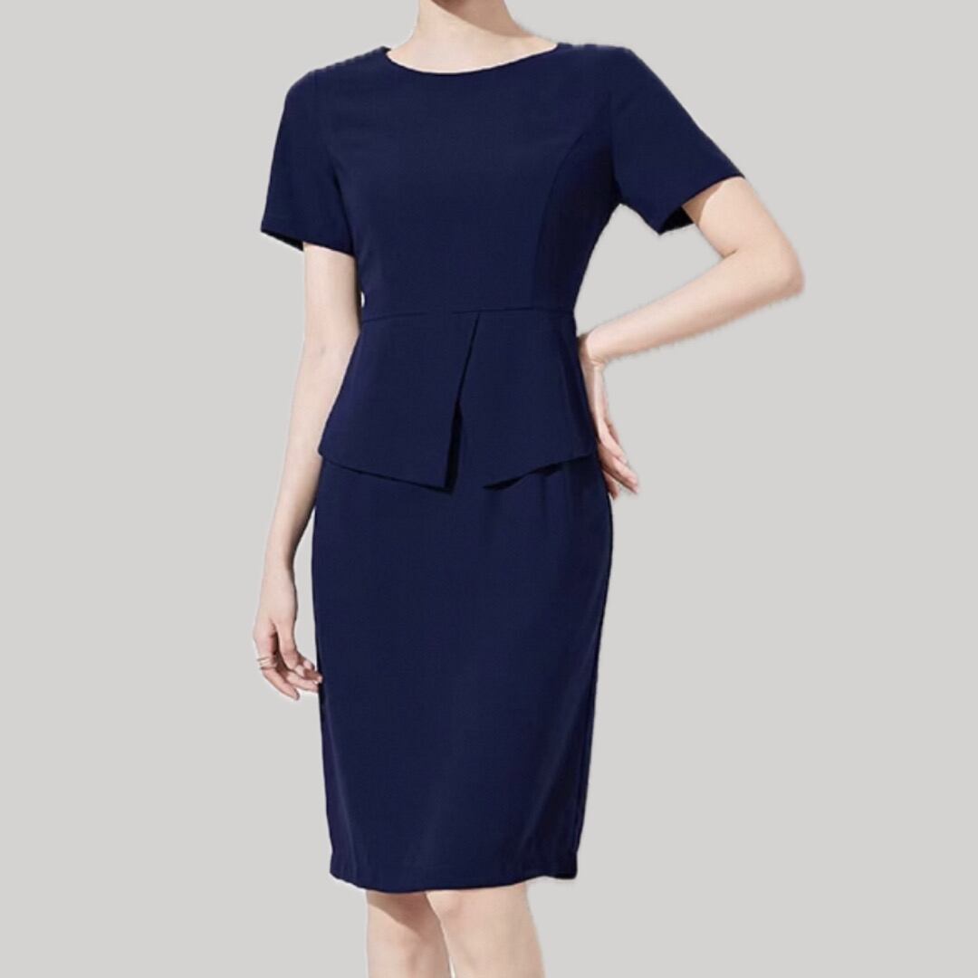 Navy short sleeve round collar waist design tight dress 00189