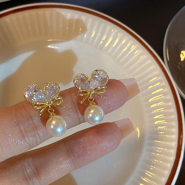 ハートリボンパールピアス　CH2376