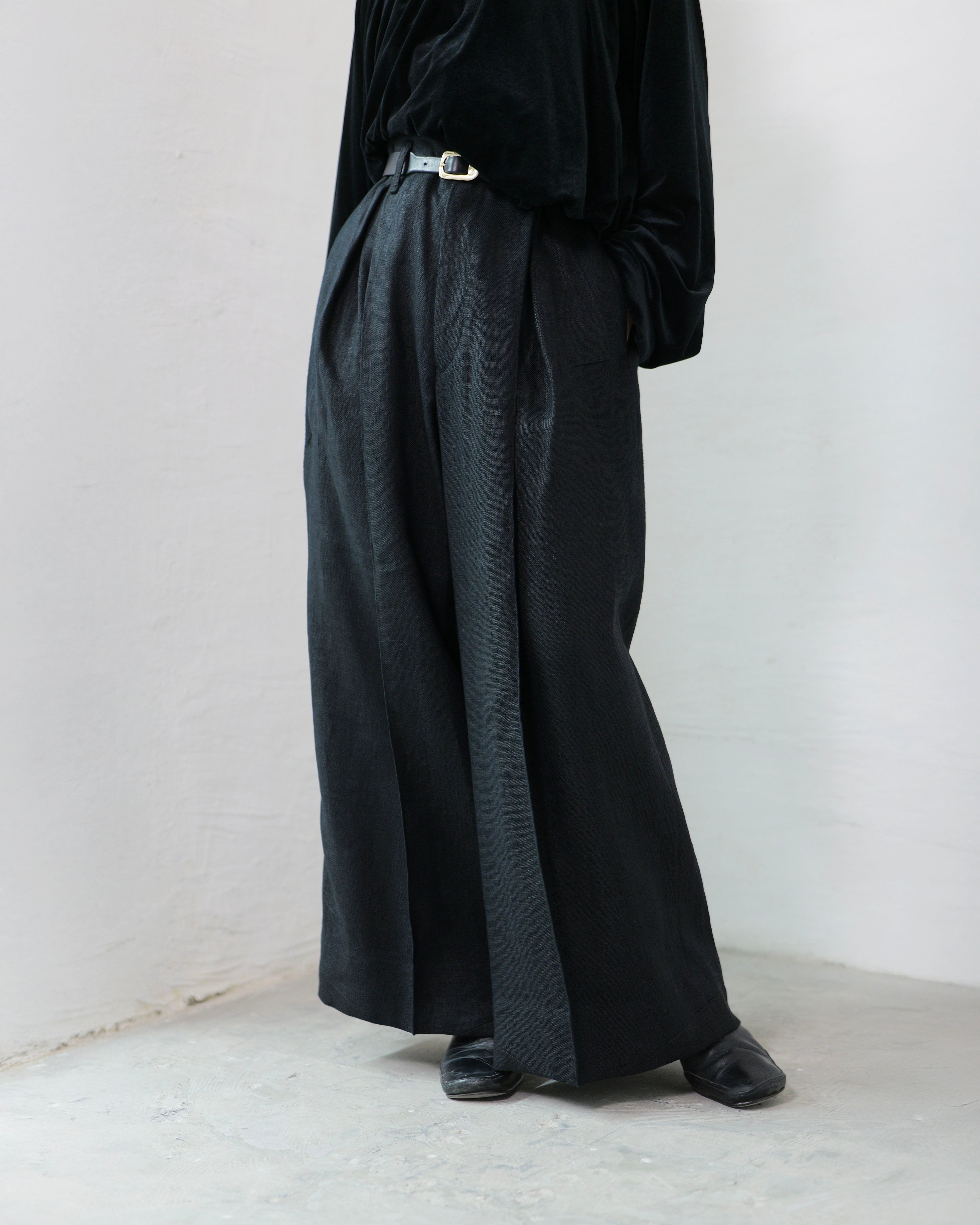 I'm here リネンコート i'm here - Linen Wide Pants ：Black｜3種リネン切替／ワイド／“だ