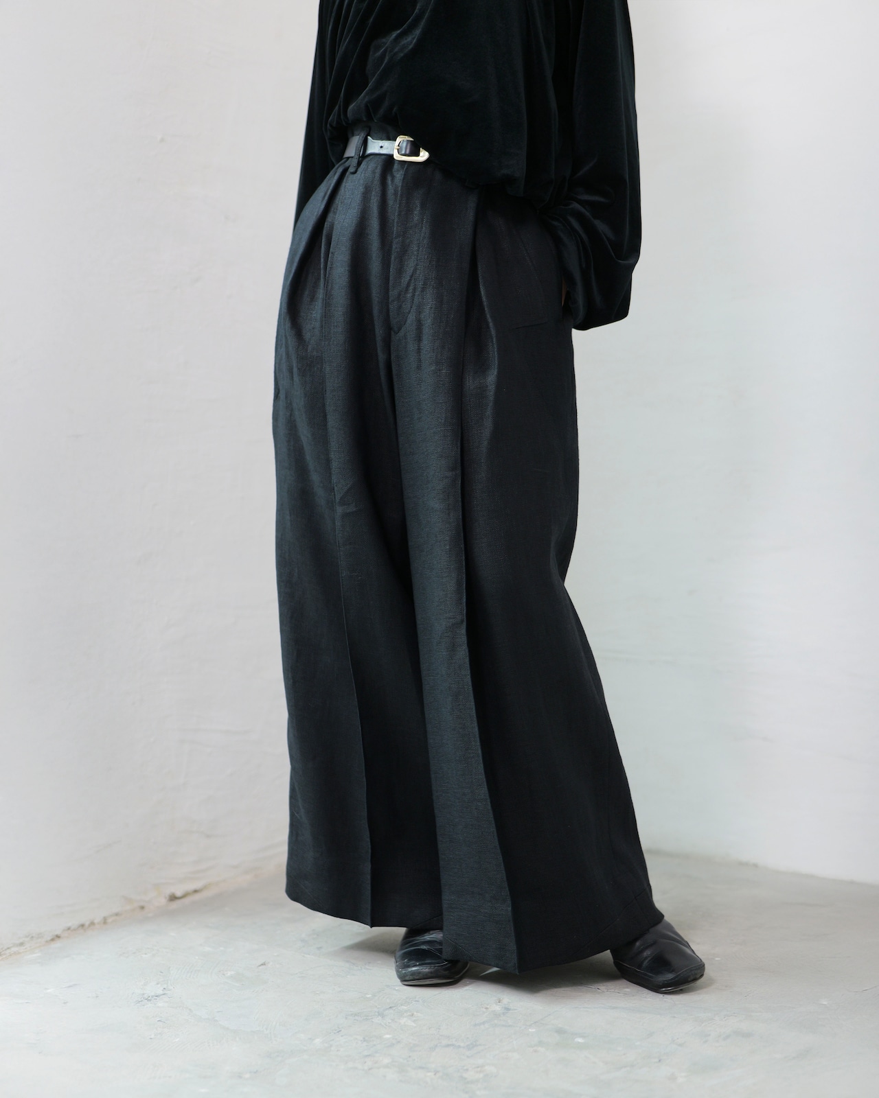 i’m here - Linen Wide Pants :Black|3種リネン切替/ワイド/“だまし絵”前立て