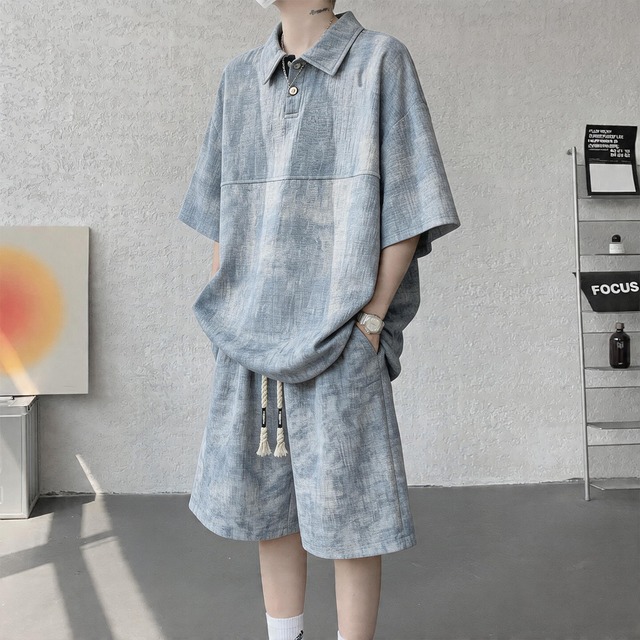 【WSシリーズ】★セットアップ★ 3color ユニセックス POLOシャツ+短パン 大きいサイズ 絞り染め