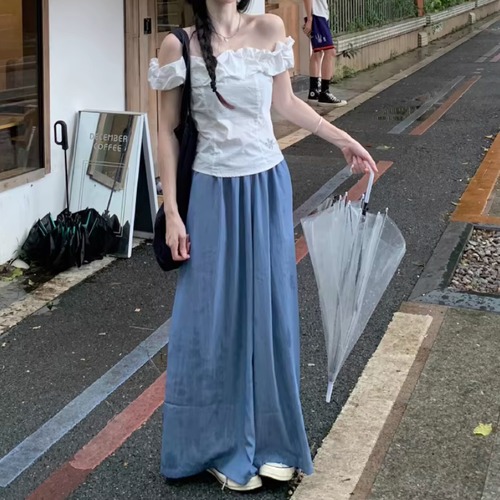 【2点セット】フリルオフショルトップス＋Aラインマキシスカート ・76015