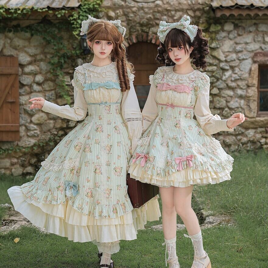 ロリータファッション クラシカルロリィタ ミント薔薇柄ロング