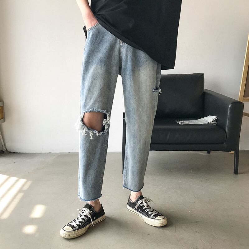 全1色 デニム パンツ ストレート カジュアル ダメージ おしゃれ