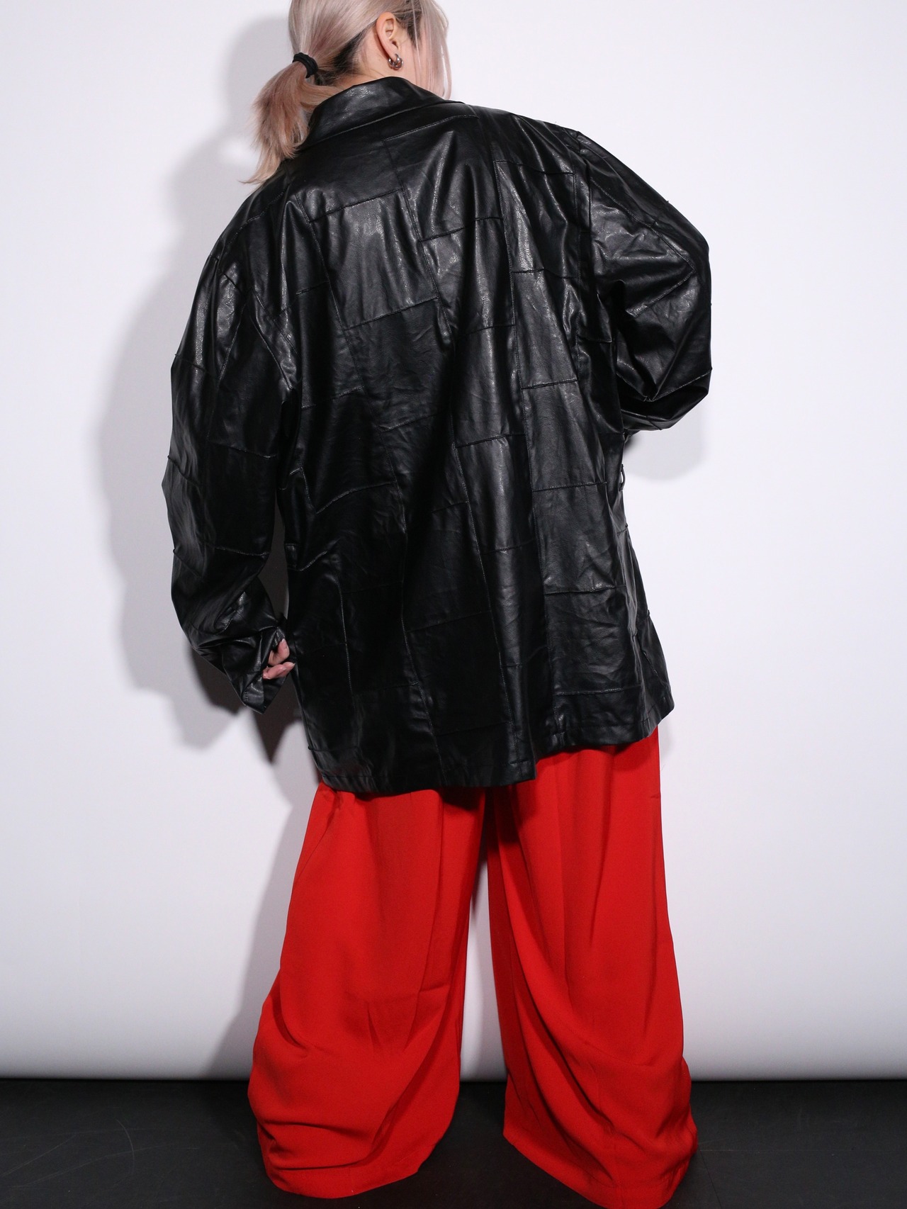 "ツギハギ" design XXX over silhouette open collar fake leather jacket - 5