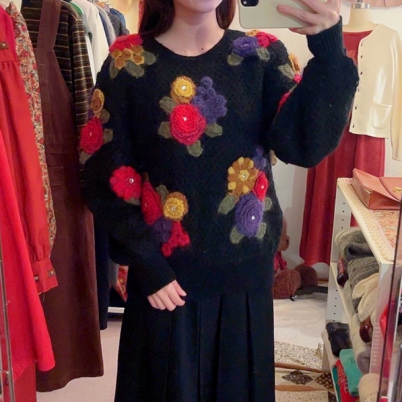 colorful flower stone mesh knit sweater