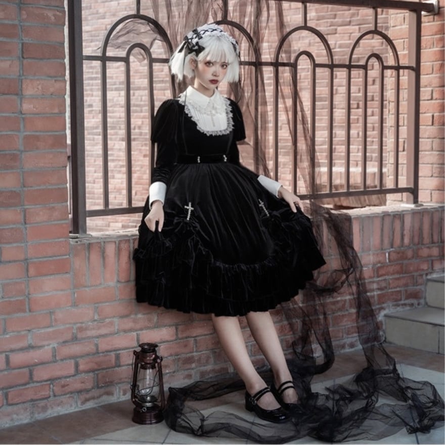 ゴスロリ ワンピース ダークファッション 十字架スカート ランタンスリーブ