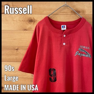 【Russell】90s USA製 ヘンリーネック Tシャツ ワンポイント ナンバリング ソフトボール ビンテージ L US古着