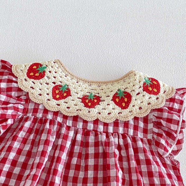 【BABY】ストロベリー刺繍チェック柄レース襟ロンパース - 10