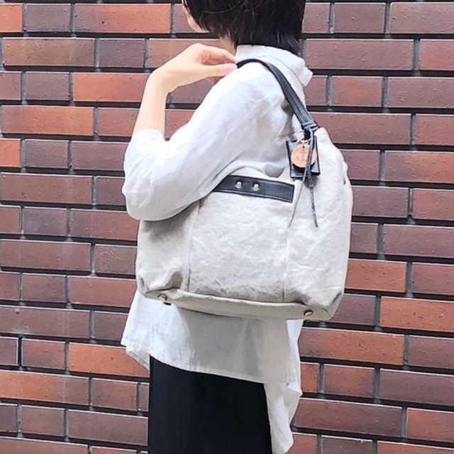 tanton-mini-linen:生成×ブラック（リネン×イタリアンレザートートバッグ）