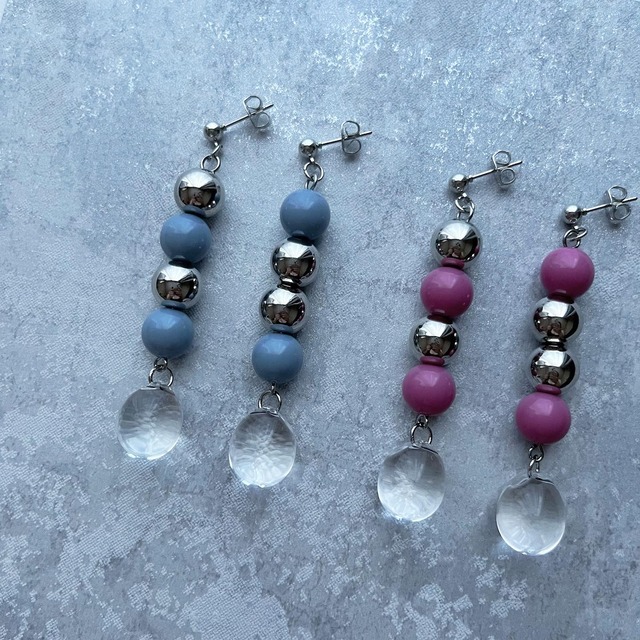 くすみカラーとクリアドロップのシルバーピアス/イヤリング ブルー ピンク