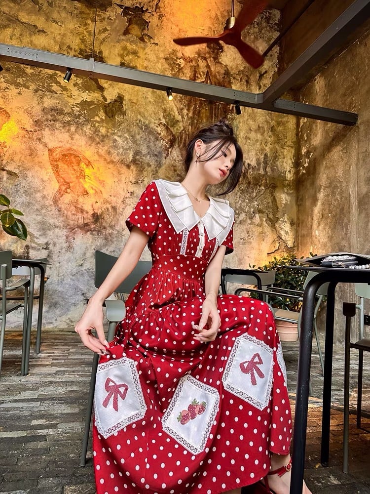 ワンピース 赤 水玉 ドット パッチワーク ワンピース ガーリー 可愛い