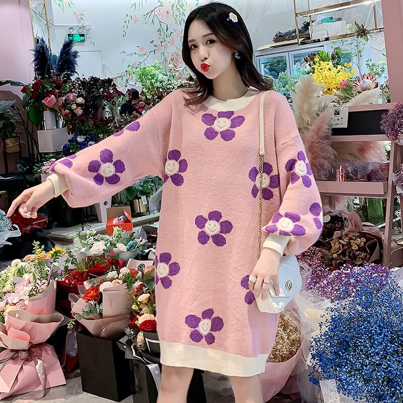 【新作】【送料無料】 マタニティウェア2019秋冬カジュアル怠惰なファッションフラワーラウンドネックルーズニットプラスサイズのマタニティドレス-アリババ 大きめサイズ オータム 秋物 ウィンター 冬物 Oネック フラワーデザイン expec236223552694