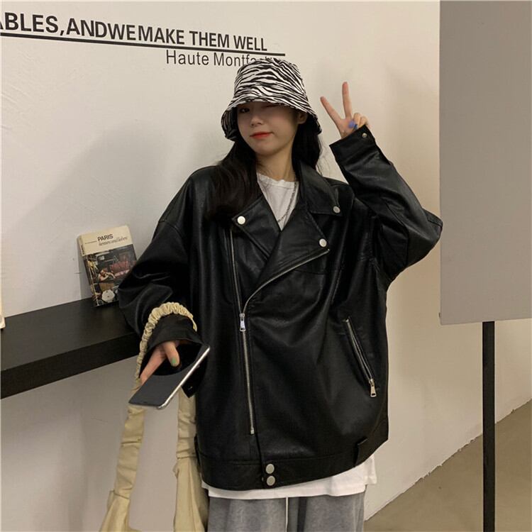 韓国ファッション 秋 pu服 オートバイ服 長袖 ジッパー ラペル コート 上品映え 快適である 個性