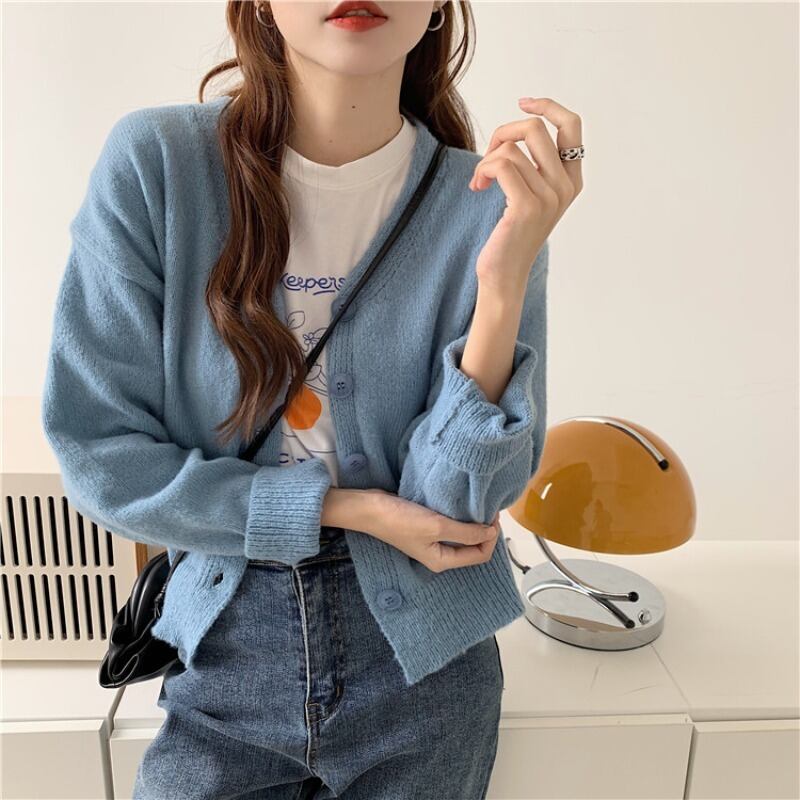 優しいウインドブルーのVネックニットスモールカーディガンレディース秋ルーズ長袖セーターコート2020ニュートップ ブラックストロベリース90914014882