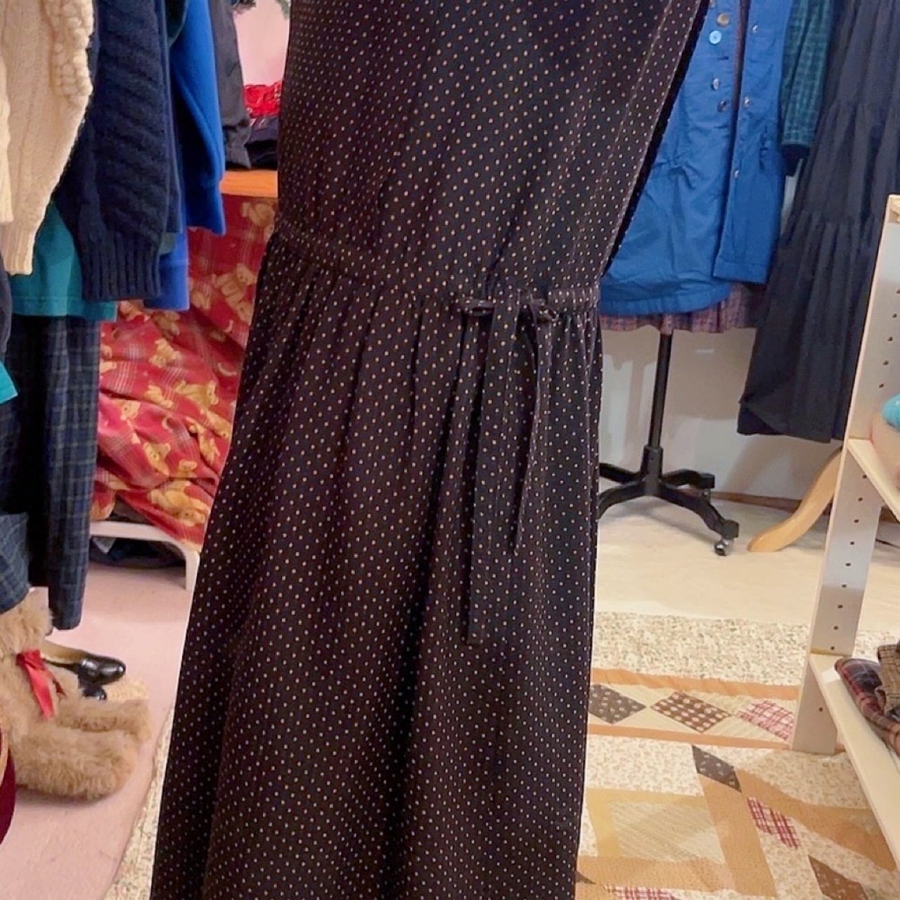 orange pin dot frill collar one-piece