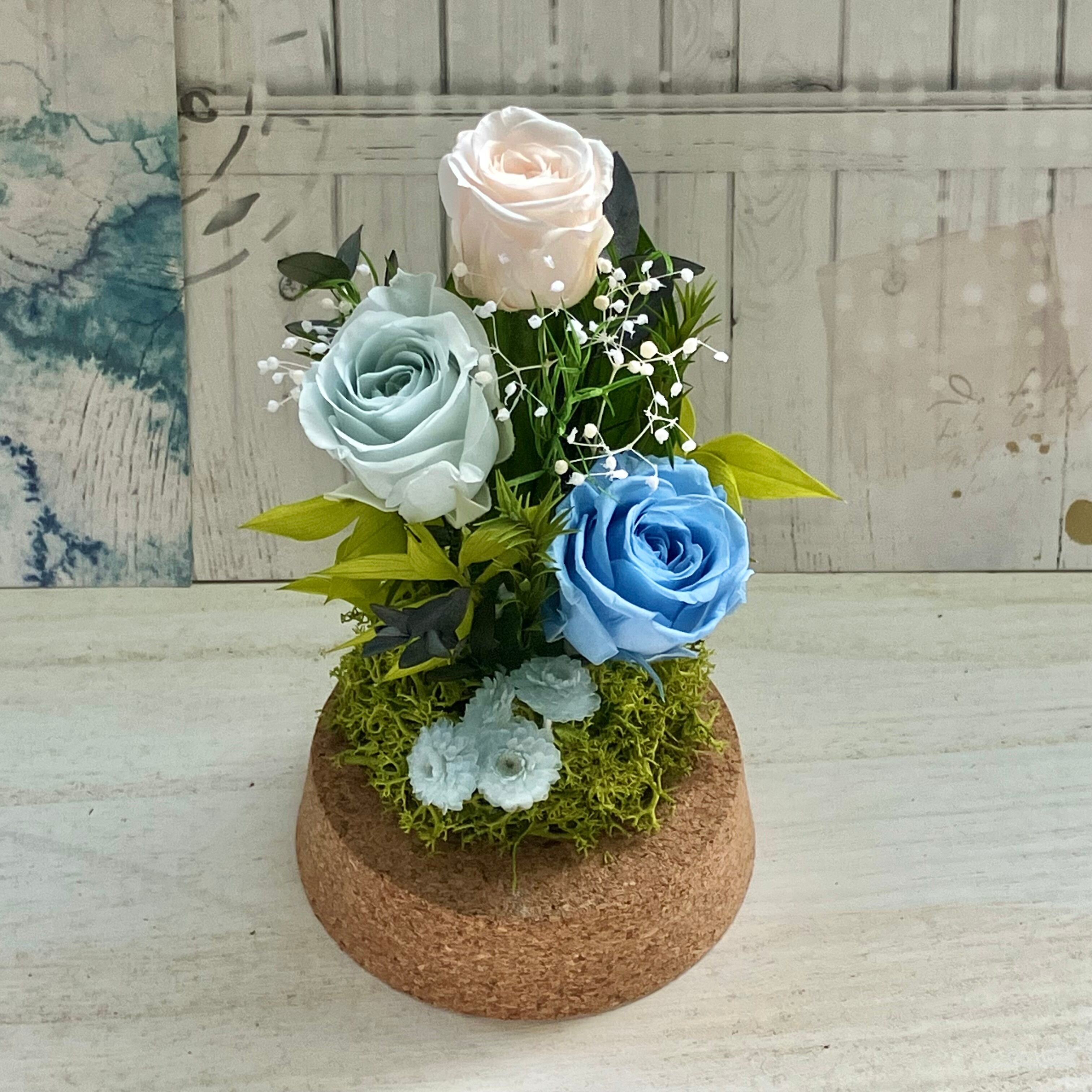 プリザーブドフラワー仏花ガラスドーム入り一対コンパクトサイズ　ベビーブルーカラー 受注製作】プリザーブドフラワー仏花 ガラスドーム入り 一基 ベビー
