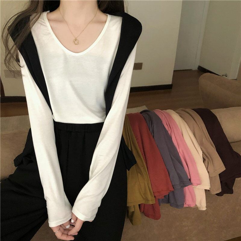 ブラックオータムウィンタールーズVネックトップス ロング 秋物 冬物 Tシャツ YY-ファッション84078711944