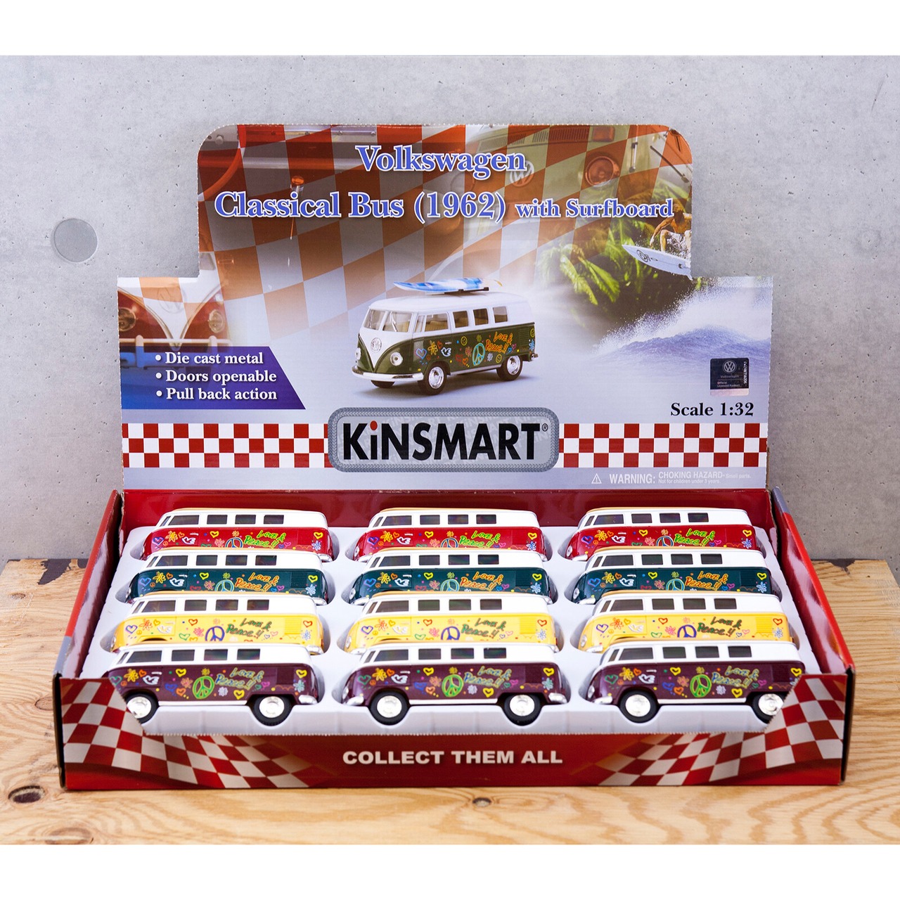 ダイキャストミニカー(M)[5" 1962 VW Classical Bus with Printing & Surfboard]