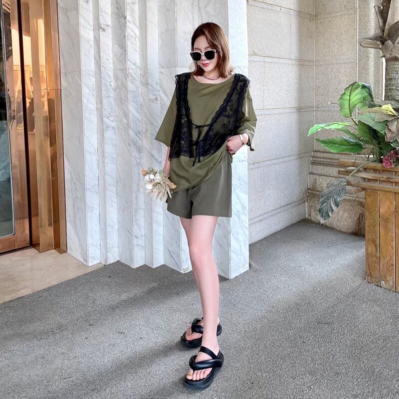 サマースタイルショーツ 薄手レースTシャツ トップス 大きめサイズ 夏物 ブルマー ミックスインファッション12287103863