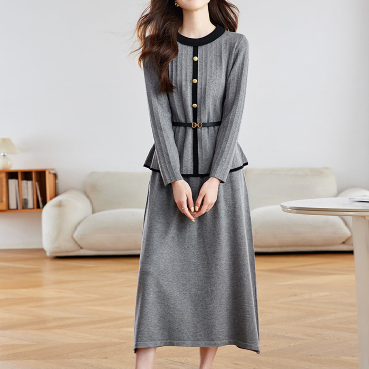 ベルト付きラウンドネックニットトップス&スカート2点セット Me1487