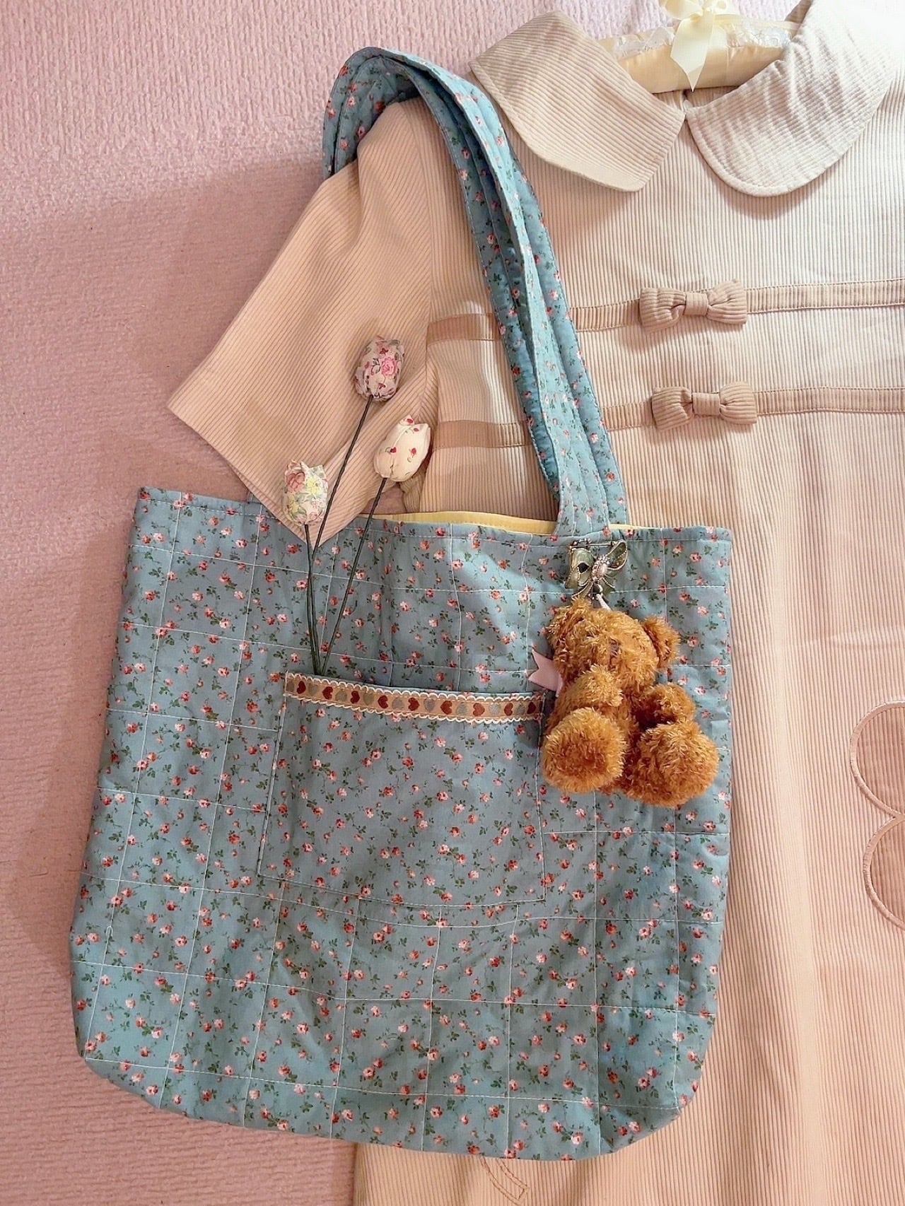 pink ribbon bear plush keychain