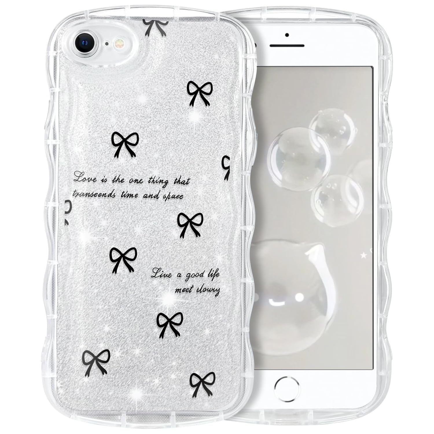 KeKeYou iPhone SE3/SE2/8/7 用 ケース クリア キラキラ 可愛い 黒いリボン結び ウェーブ TPUソフトケース 透明 かわいい 韓国 薄くて軽い 人気 おしゃれ スマホケース 耐衝撃 携帯カバー SE3用 波型 バンパー (iPhone SE3/SE2/8/7,シルバー)
