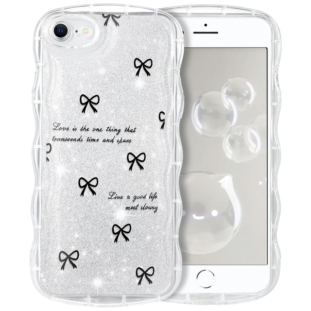 KeKeYou iPhone SE3/SE2/8/7 用 ケース クリア キラキラ 可愛い 黒いリボン結び ウェーブ TPUソフトケース 透明 かわいい 韓国 薄くて軽い 人気 おしゃれ スマホケース 耐衝撃 携帯カバー SE3用 波型 バンパー (iPhone SE3/SE2/8/7,シルバー)
