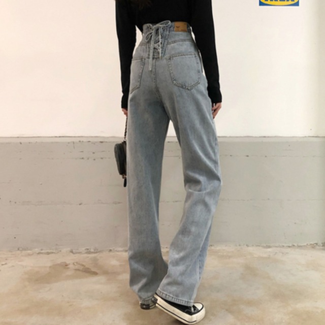 レースアップデニム ボトムス パンツ ストレートパンツ デニムパンツ ロング ロング丈 ストレート リボン バックリボン ハイウエスト デニム かわいい 大人可愛い きれいめ シンプル カジュアル 大人 上品 おしゃれ お洒落 大人可愛い 大人女子 こなれ感 ラフ キュート ガーリー モダン 主役級 存在感 無地 春 夏 秋 10代 20代 30代 レディース 学生 通学 デート お出かけ 女子会 休日 着回し 普段使い 重ね着 韓国系 オルチャン サイズ S M L XL 色展開 ライトブルー