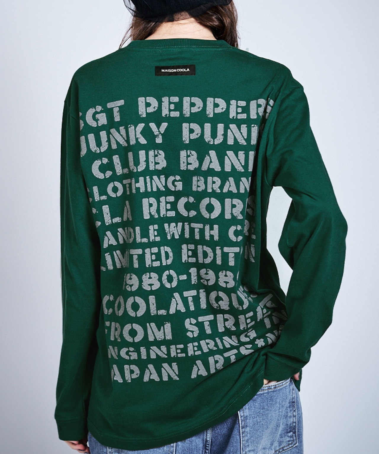COOLAメッセージプリントルーズロングスリーブTシャツ (GREEN) CQ-47010
