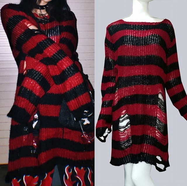 ダメージニット ボーダーニット レッド 赤 ダメージ加工 ニット ドロップショルダー オーバーサイズ 薄手 ロング丈 韓国ファッション レディース 暗黒系 / Dark Gothic Loose Striped Trend Hole Knit Sweater (DTC-651684935423)