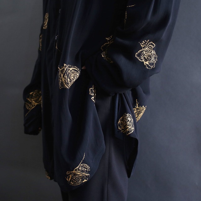 rose art pattern loop button l/s black mode no-collar shirt
