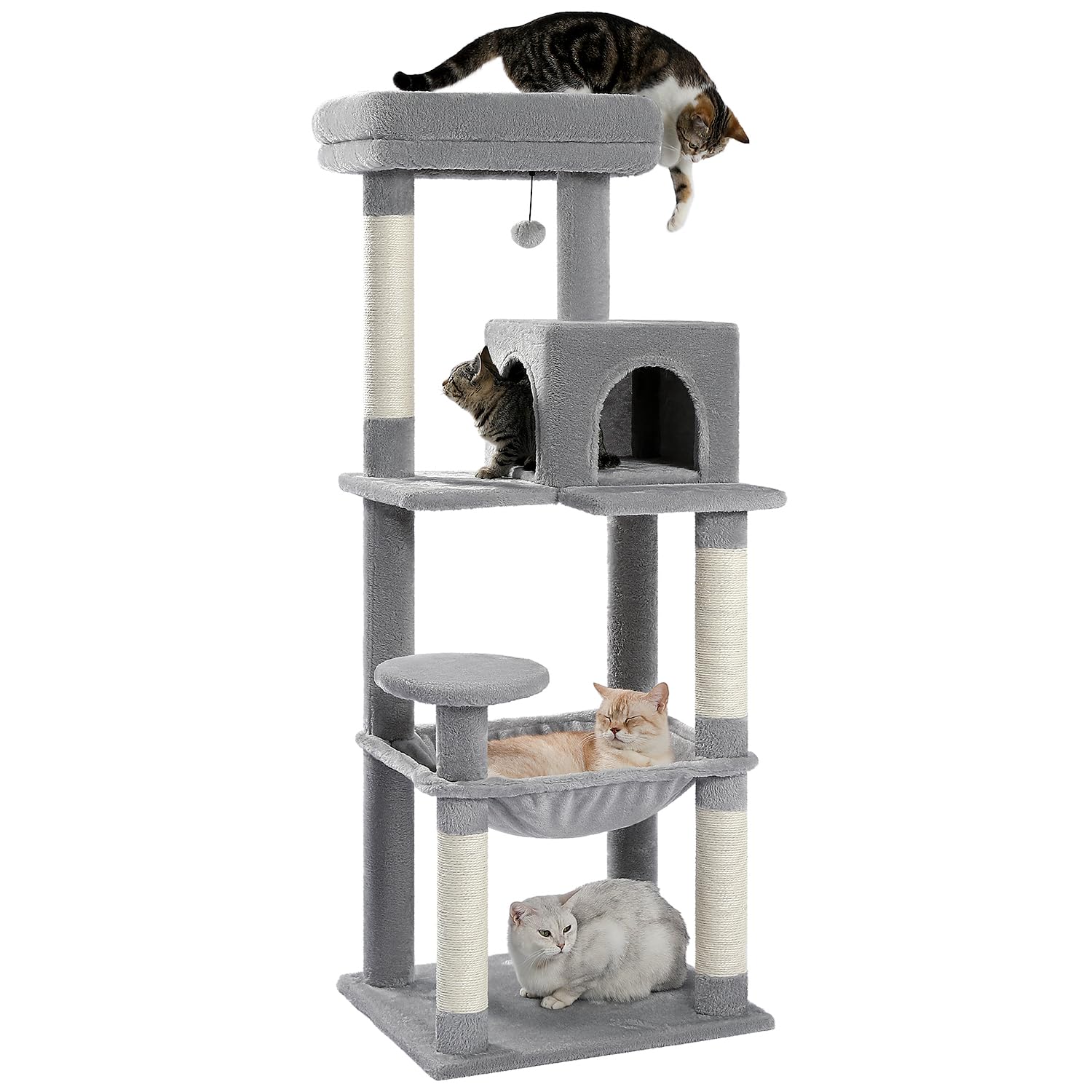 【在庫処分】PETEPELA(ぺテぺラ) キャットタワー 猫タワー スリム 大型猫 据え置き 省スペース 登りやすい ハンモック 見晴台 ねこハウス ボンボン 天然麻紐 爪とぎ 運動不足解消 多頭飼い グレー 高さ143cm
