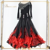 社交ダンス 衣装 ワンピース ドレス 水玉 ドット 赤 黒 フリル レース パーティ 発表会 ブラック系 レッド系 ふんわり スカート ロングドレス ジャズダンス ダンスパーティ 発表会用 ファッション フォーマル レディース おしゃれ かわいい フェミニン 上品