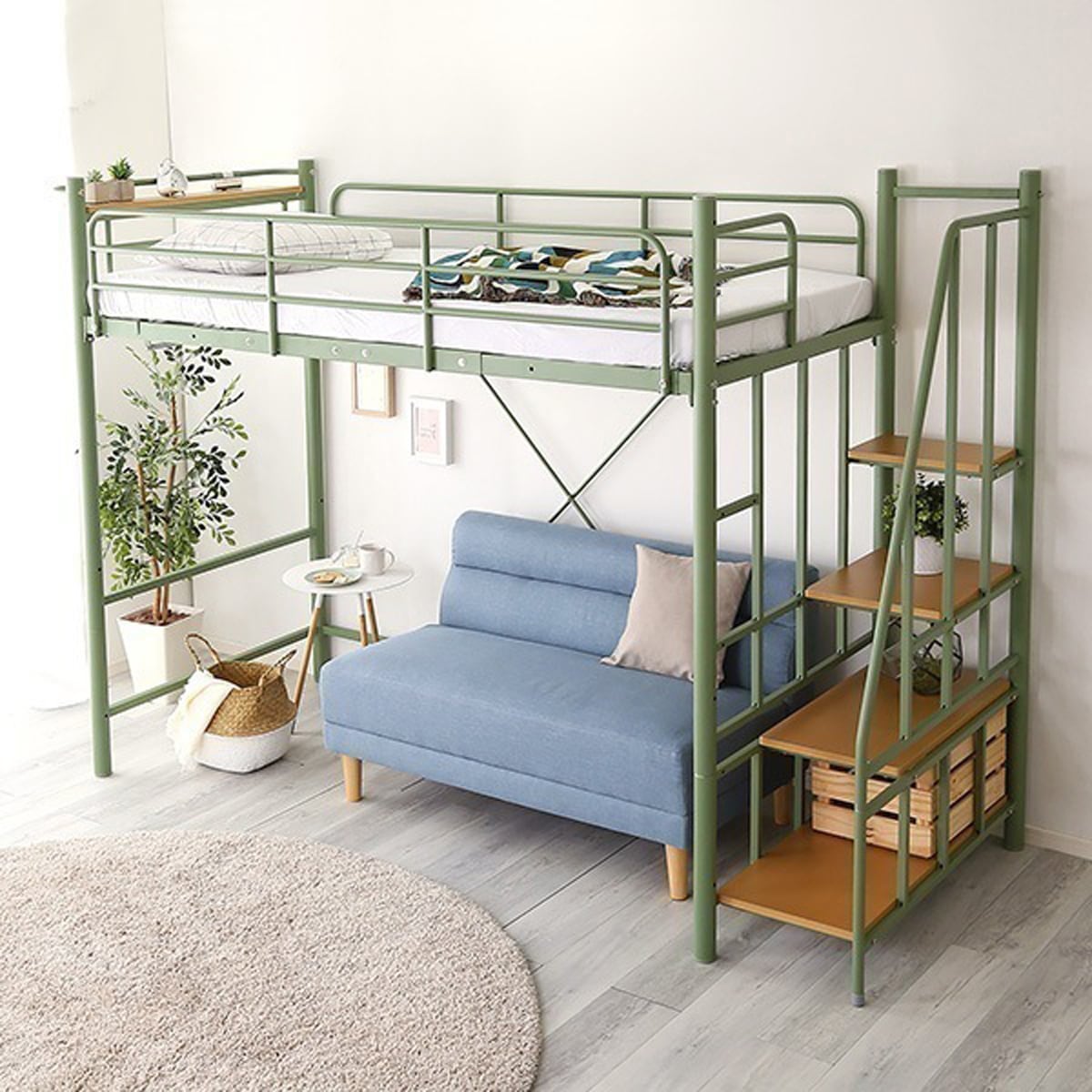 北欧 インテリア 階段付き パイプロフトベッド 寝具 べット 高さ調整可能 6カラー