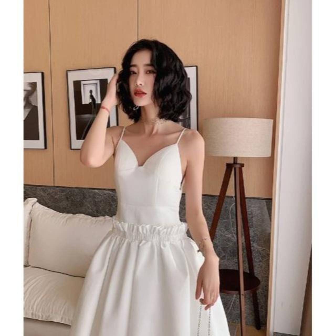 上品！ パーティードレス ミモレ丈 キャミソール ホワイト セクシー  