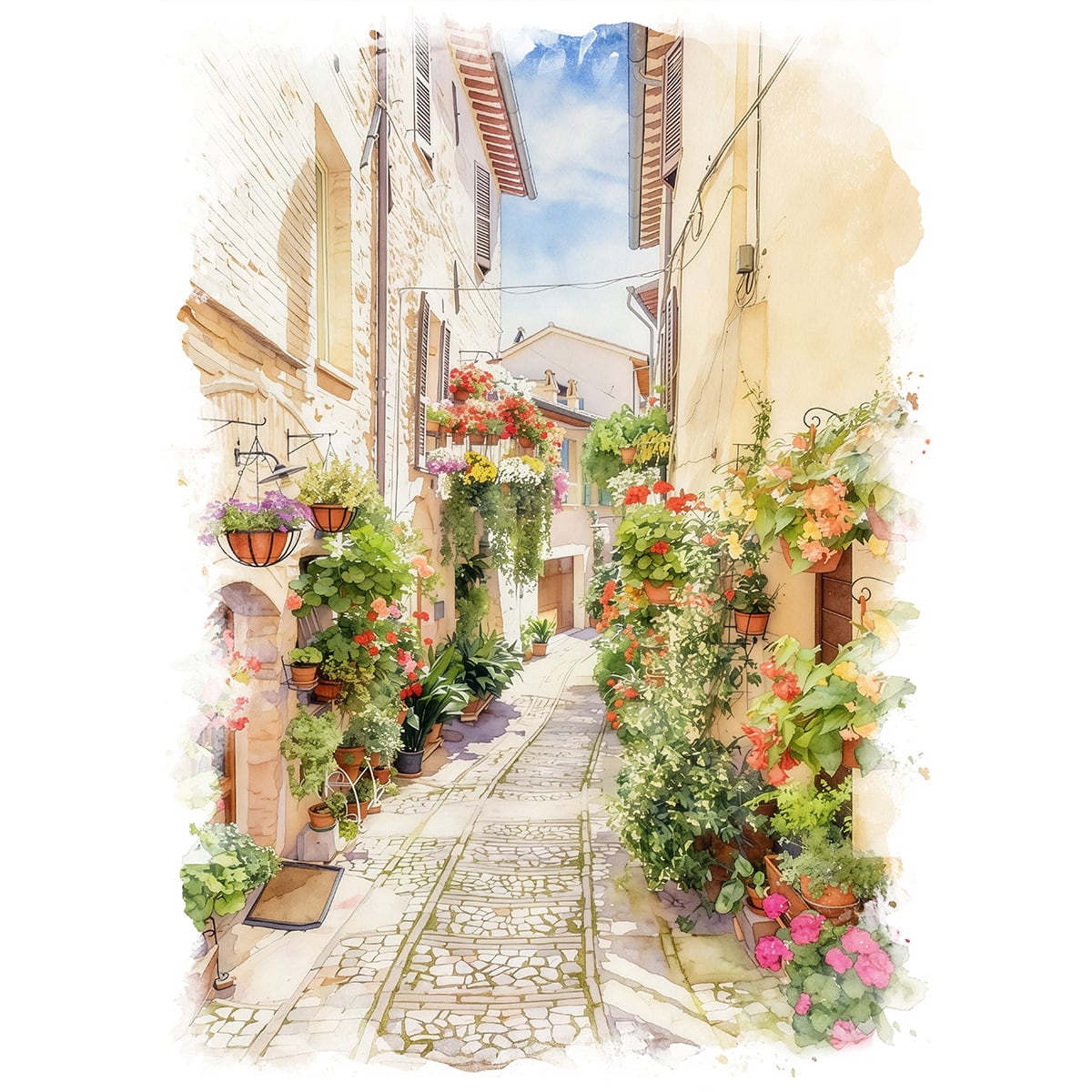 絵画 街の風景画 イタリア スペッロ村の通りと花 インテリアアート額