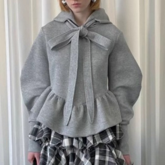 French Bow Sweatshirt – Designer Solid Top with Irregular Hem & Horn Sleeves (CF090)